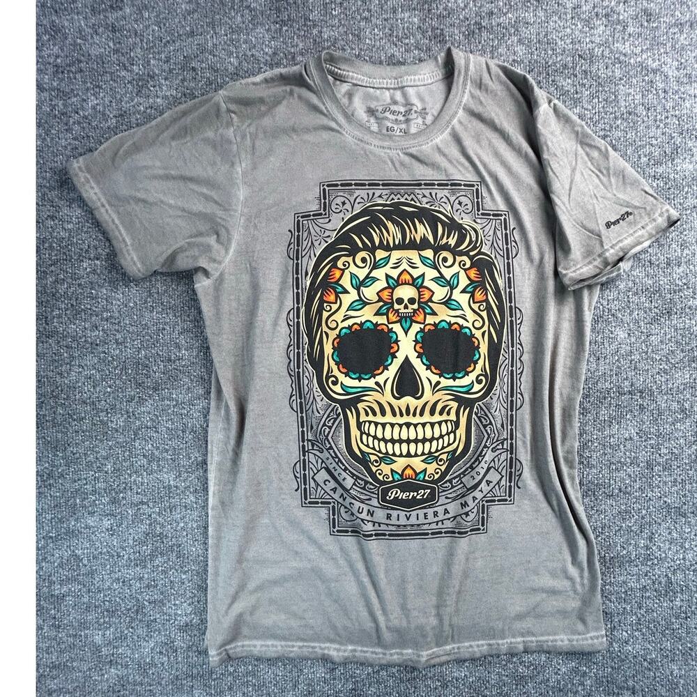 Pier27 Cancun Riviera Maya Sugar Skull Graphic T-Shirt Men's XL Gray